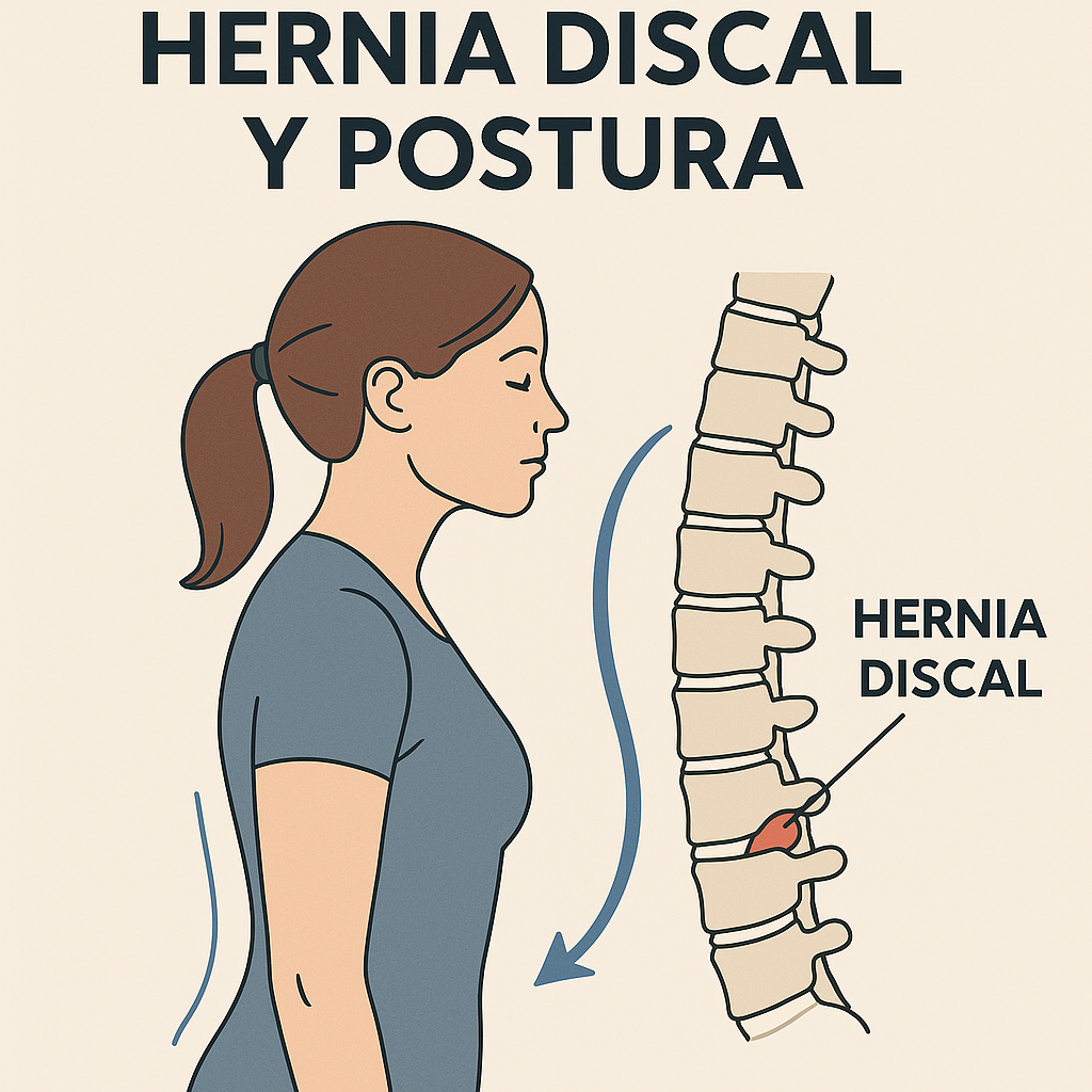 Ilustración en español que muestra la relación entre la postura corporal, la alineación de la columna y el origen de la hernia discal.