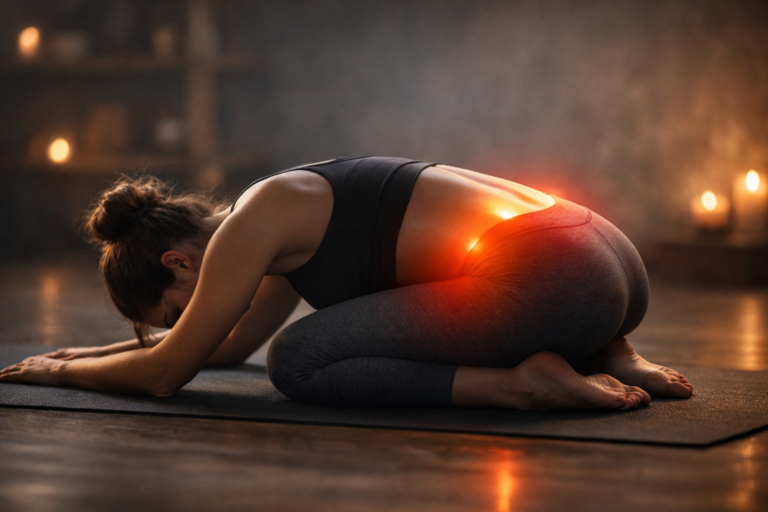 Postura del niño en yoga (Balasana) con énfasis en cadera y zona lumbar en mujer, relacionada con dolor lumbar