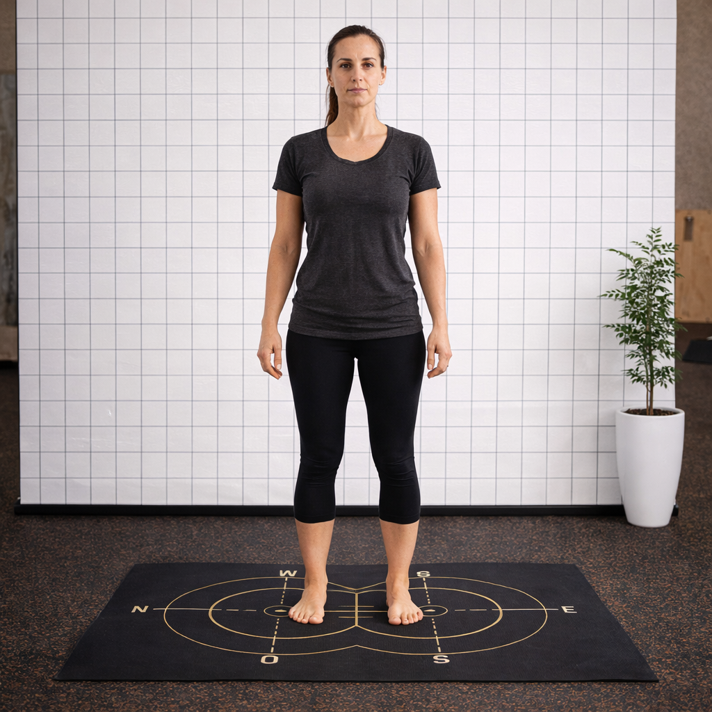 análisis postural en bipedestación sobre tapiz de orientación con referencia norte sur equilibrio club