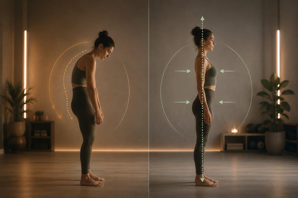 Comparativa visual entre pérdida de centralidad y postura organizada en una mujer dentro de un estudio de movimiento con estilo cinematográfico.
