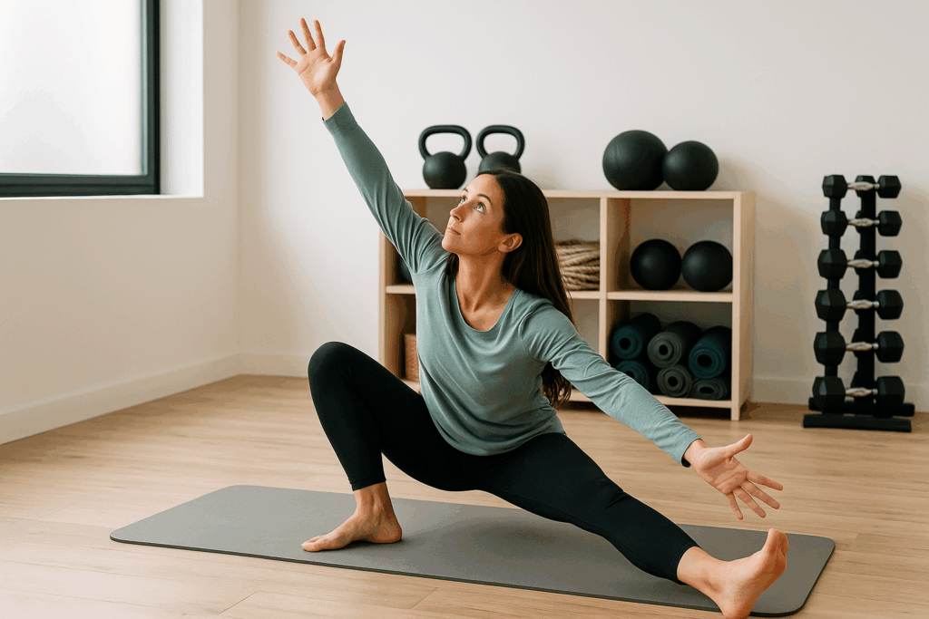 Mujer realizando ejercicio sensorial de inclinación lateral para evaluar la postura y el movimiento sensacional en Equilibrio Club Alicante.
