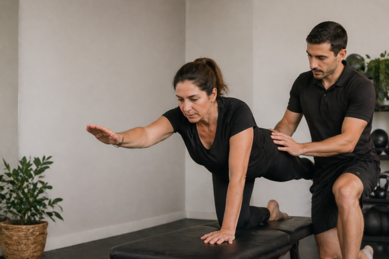 Entrenador guiando a una mujer en ejercicio de control corporal con enfoque de entrenamiento respetuoso