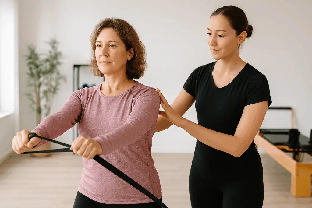 Entrenadora personal guiando a mujer durante ejercicio de movilidad y fuerza ligera en Alicante – Equilibrio Club