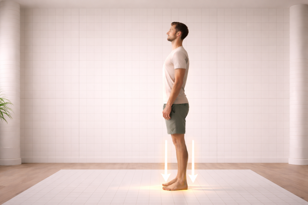 Hombre de perfil en estudio de análisis postural con cuadrícula en suelo y pared, flechas bajo los pies indicando impulso contra el suelo para mejorar la verticalidad y el dolor lumbar en Alicante.