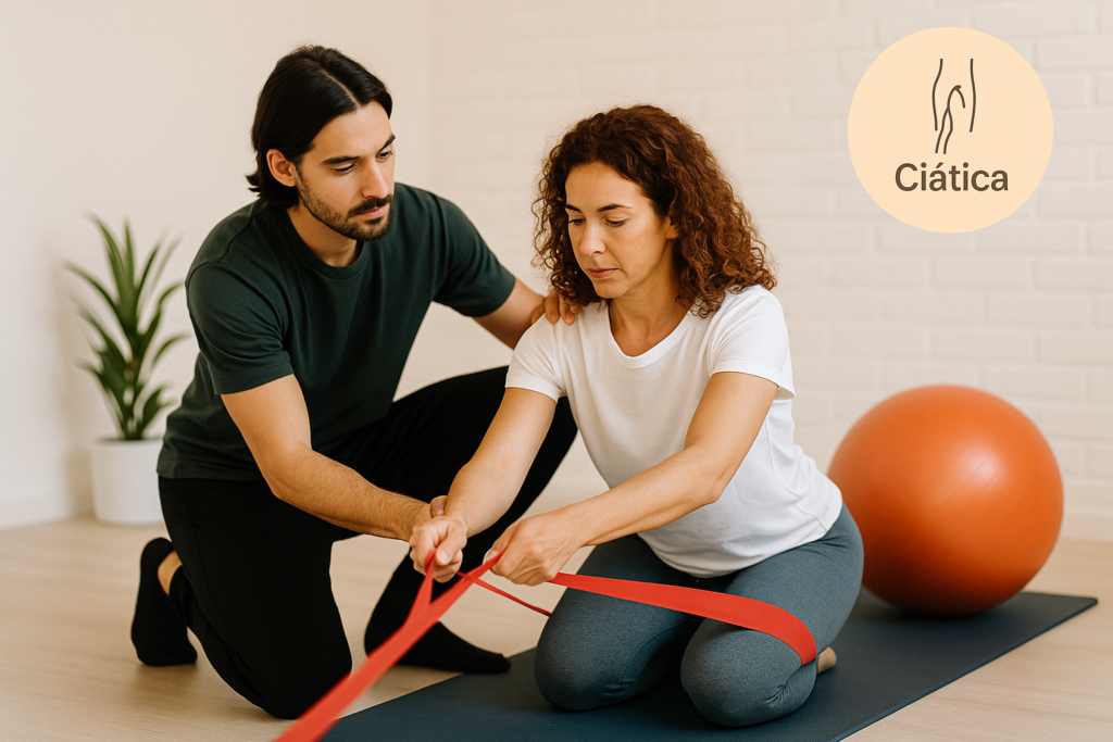 Entrenamiento respetuoso con banda elástica para personas con ciática, guiado por entrenador, con círculo informativo sobre “Ciática” — Equilibrio Club Alicante