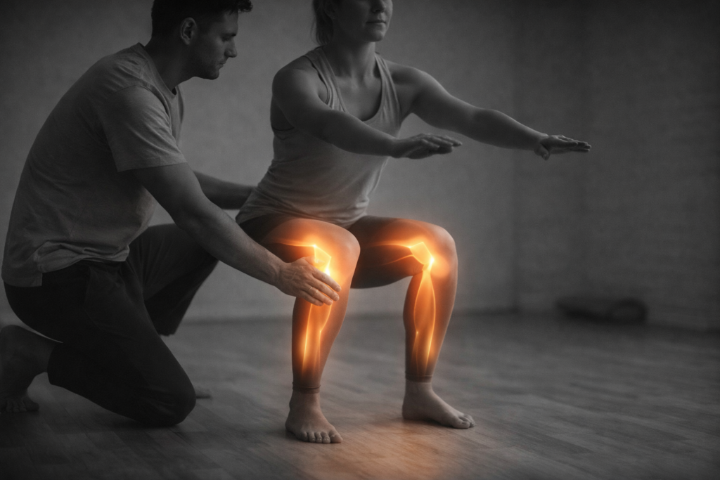 Ejercicio de movimiento sensacional con sentadilla guiada y activación consciente de cuádriceps y gemelos en Equilibrio Club Alicante