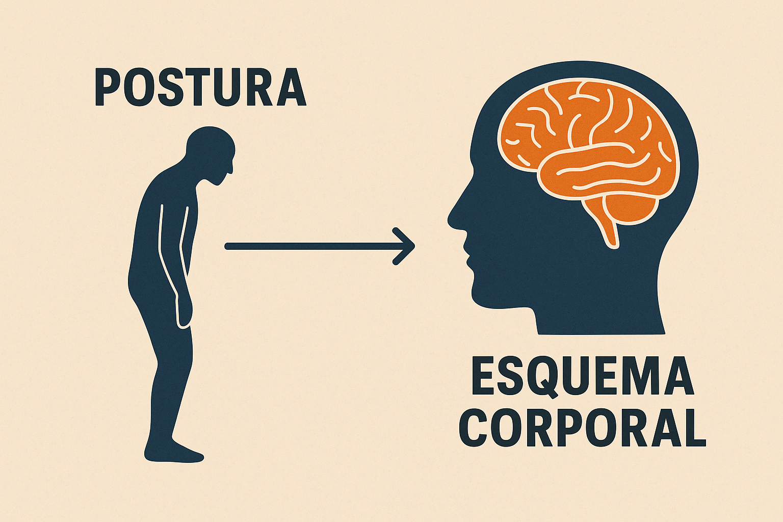 Ilustración conceptual que muestra la relación entre postura corporal y esquema corporal mediante un cuerpo humano y un cerebro conectados por líneas de movimiento