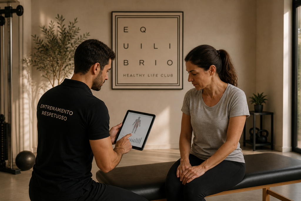Entrenador realizando una valoración inicial con cliente usando tablet para analizar el movimiento corporal en Equilibrio Club Alicante
