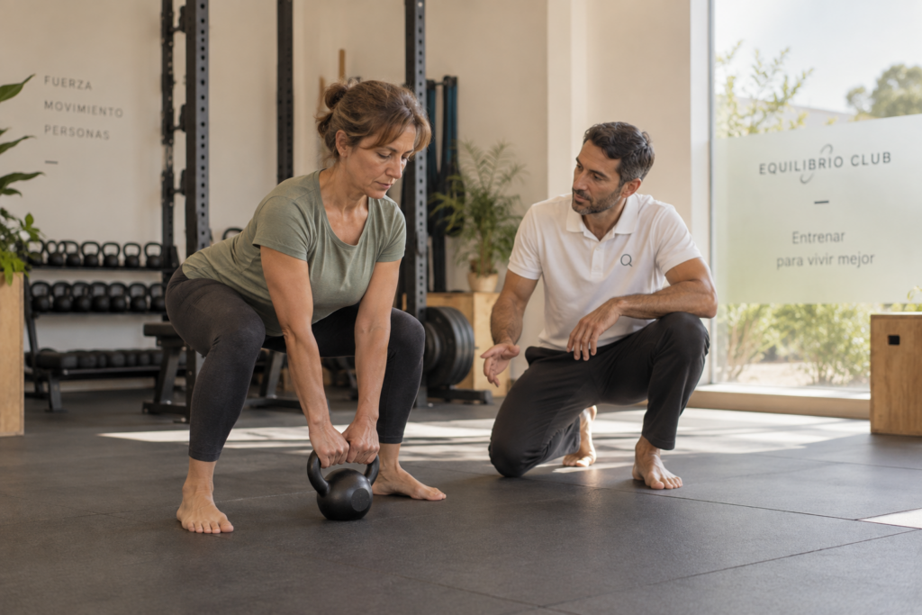 Mujer entrenando fuerza con un entrenador personal en Equilibrio Club Alicante