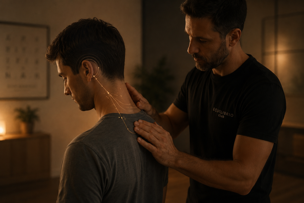 Reeducador postural observando a un hombre con tensión cervical y sensación de mareo en un entorno cálido y cinematográfico de Equilibrio Club Alicante.