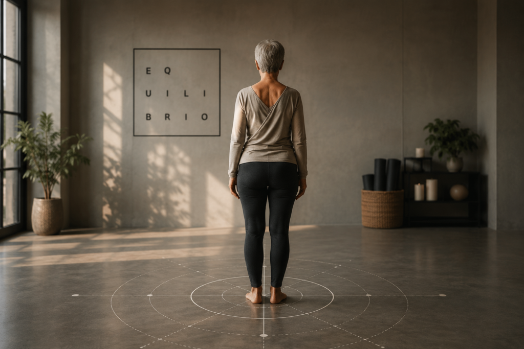 Mujer mayor descalza sobre un tapiz de orientación observando sus apoyos mientras trabaja el equilibrio y la organización corporal en Equilibrio Club.