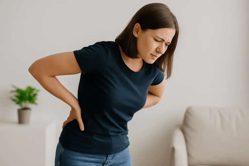 Mujer inclinada hacia adelante sujetándose la zona lumbar por dolor en la parte baja de la espalda.
