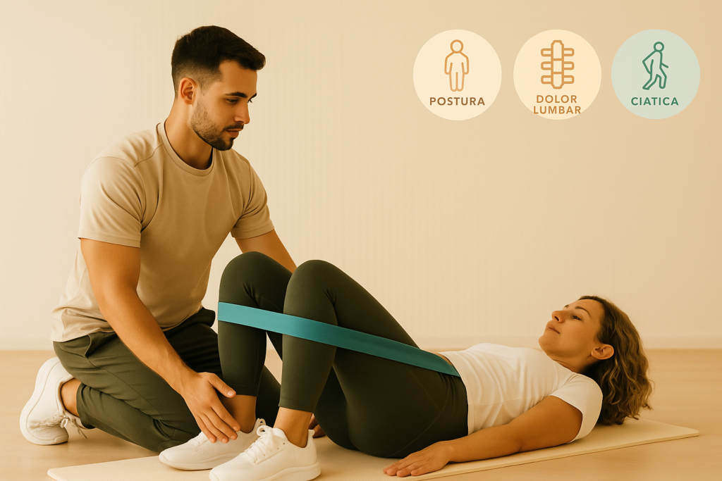 Entrenamiento respetuoso con banda elástica en Equilibrio Club Alicante con iconos de postura, dolor lumbar y ciática.