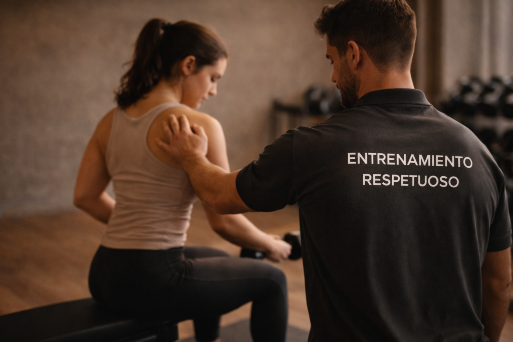 Entrenador guiando a una clienta durante un entrenamiento respetuoso para reducir el impacto articular