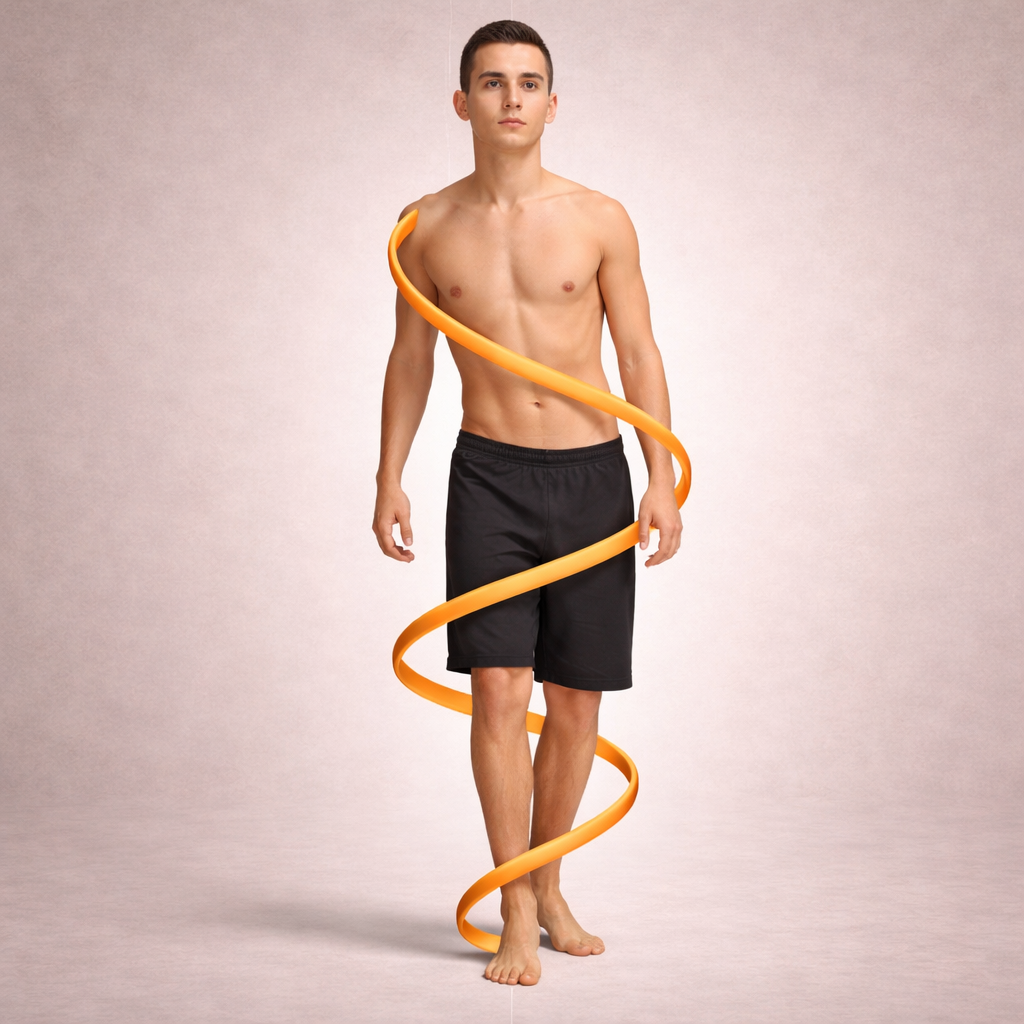 caída tridimensional del cuerpo con compensación postural y mantenimiento de la frontalidad