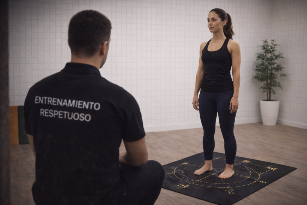 Evaluación postural de una mujer sobre tapiz de pisada con entrenador analizando su postura en Alicante