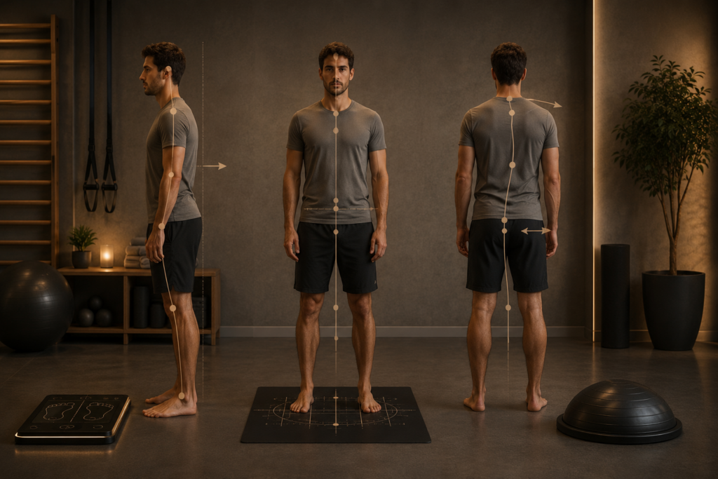 Análisis postural tridimensional de un hombre en un estudio de entrenamiento respetuoso con líneas de alineación corporal y plataformas de apoyo.