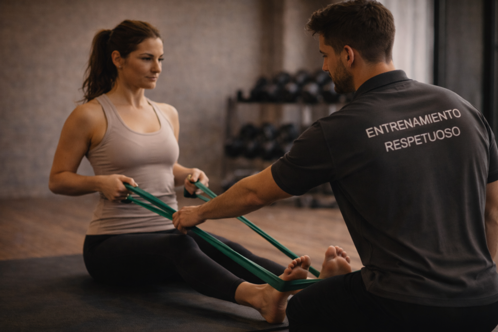 Clienta descalza realizando un remo con banda elástica guiada por un entrenador durante un entrenamiento respetuoso de bajo impacto