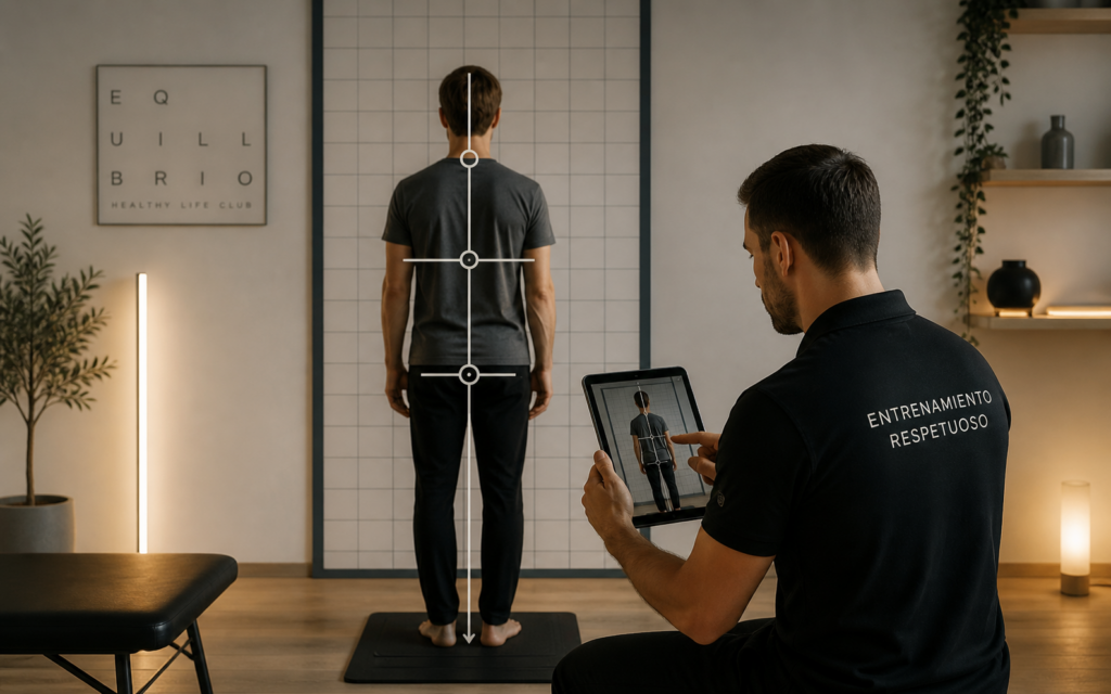Profesional de Equilibrio Club realizando una valoración de reeducación postural y entrenamiento respetuoso mediante análisis corporal y control de la verticalidad.