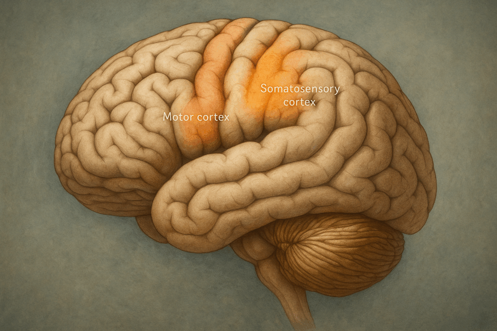 Ilustración del sistema nervioso destacando corteza motora y somatosensorial como centralita del movimiento