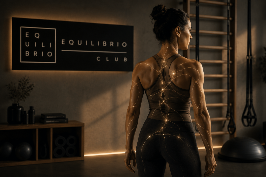 Mujer en estudio de entrenamiento respetuoso con líneas de organización corporal y fondo cinematográfico estilo Equilibrio Club.