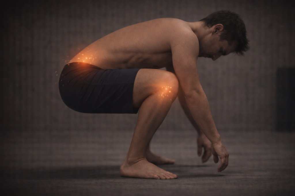 sentadilla respetuosa con ligera flexión de columna y pelvis elevada para reducir fricción en rodilla y zona lumbar