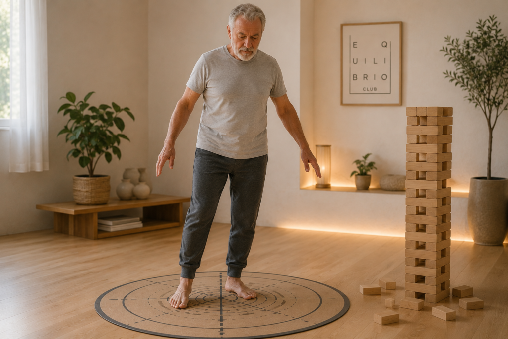 Hombre mayor descalzo realizando un ejercicio de equilibrio sobre un tapiz de orientación mientras trabaja la estabilidad corporal y los apoyos del cuerpo en Equilibrio Club.