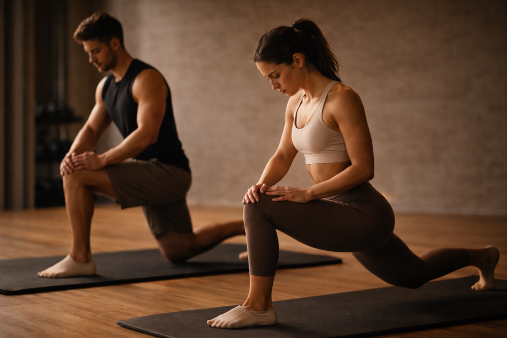 Mujer y hombre realizando una zancada de forma consciente, sintiendo el movimiento durante un entrenamiento respetuoso