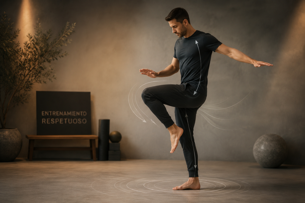 Hombre realizando un ejercicio de equilibrio y control corporal en un estudio de entrenamiento respetuoso con líneas de acción sutiles y estética cinematográfica.
