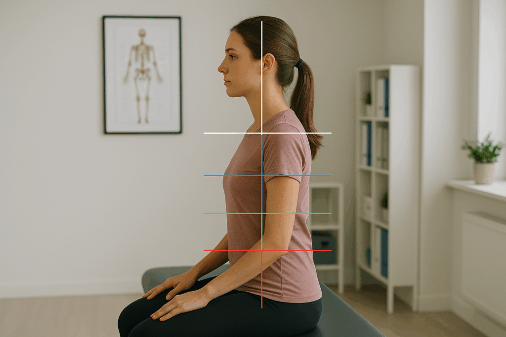 Análisis postural de una mujer con líneas de referencia y un modelo anatómico al fondo en una valoración inicial en Alicante