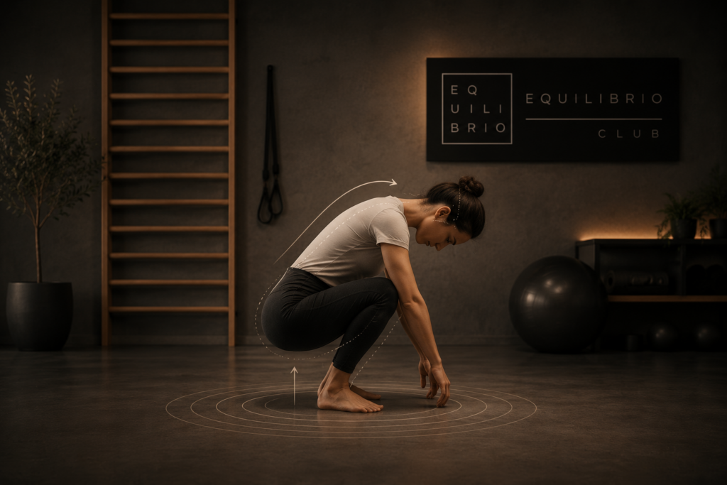 Mujer realizando una sentadilla respetuosa descalza en un estudio de entrenamiento con estética cinematográfica y líneas de acción que representan la distribución de fuerzas en el cuerpo.