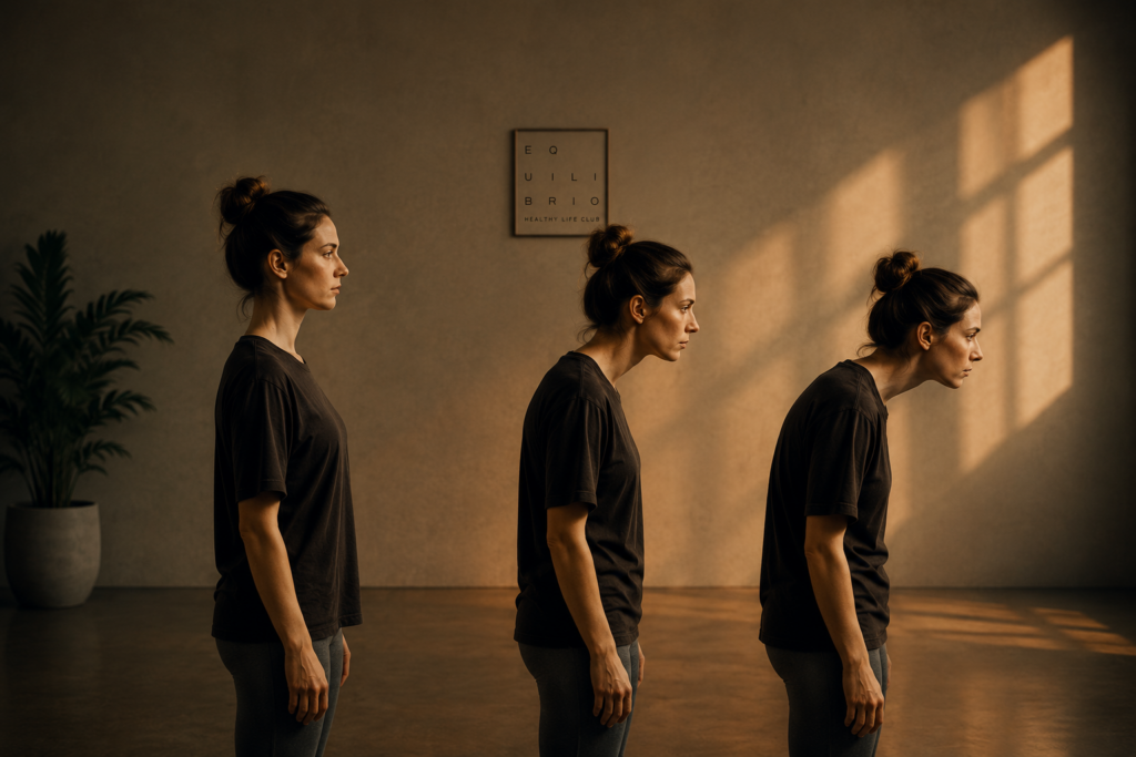 Cambios posturales y caída progresiva de la cabeza en tres dimensiones en una mujer dentro de un espacio de entrenamiento de Equilibrio Club.