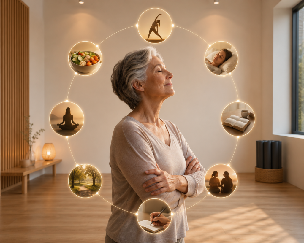 Mujer mayor en un estudio de entrenamiento respetuoso rodeada de hábitos relacionados con el bienestar, la alimentación, el descanso, el movimiento, la naturaleza y las relaciones humanas.