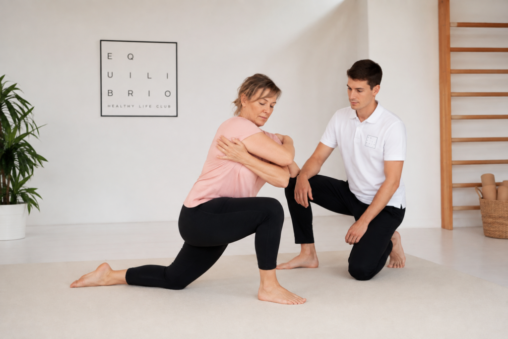 Mujer de mediana edad realizando un ejercicio de movilidad y estabilidad acompañada por un entrenador en Equilibrio Club.