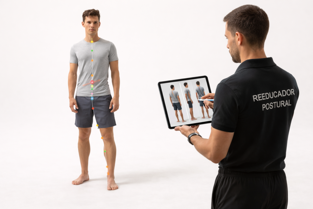 reeducación postural en Alicante analizando postura corporal con tablet y marcadores de alineación