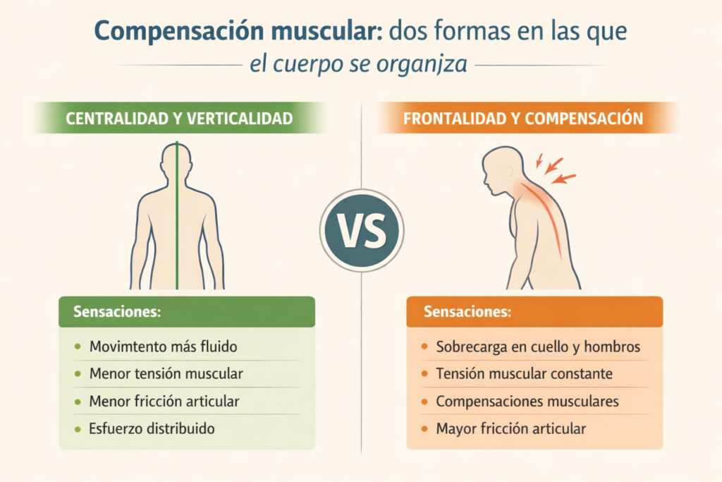 Infografía sobre compensación muscular: diferencia entre centralidad y frontalidad en la postura corporal