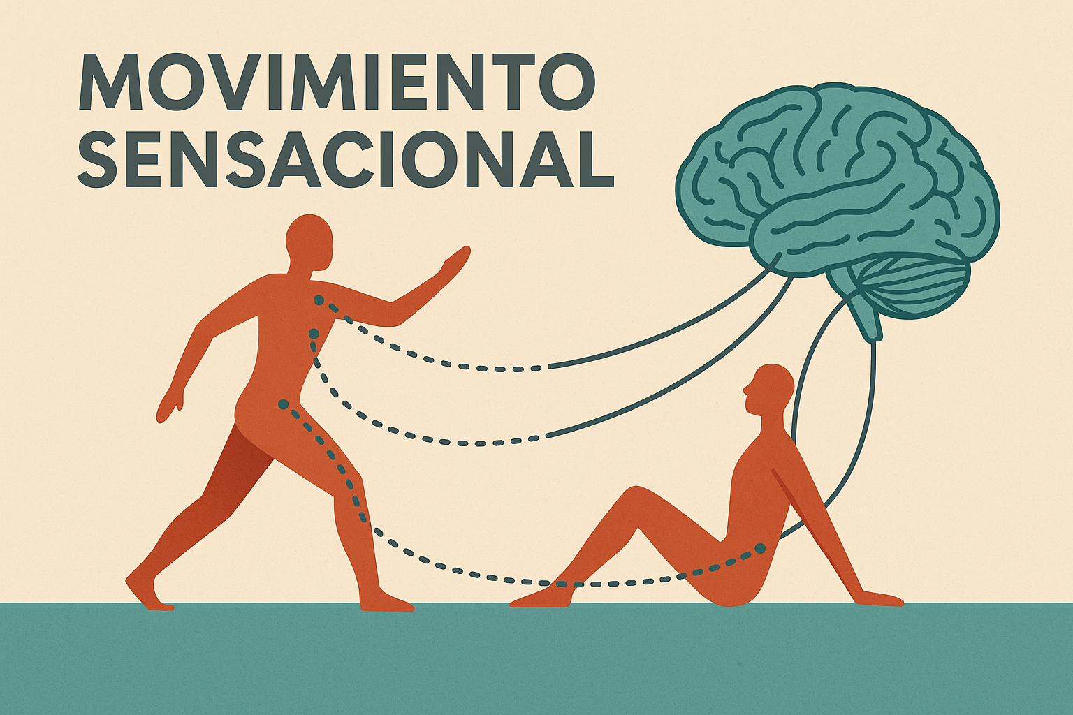 Ilustración conceptual de una figura humana conectada con un cerebro mediante líneas de energía que representan el movimiento sensacional y la conciencia corporal
