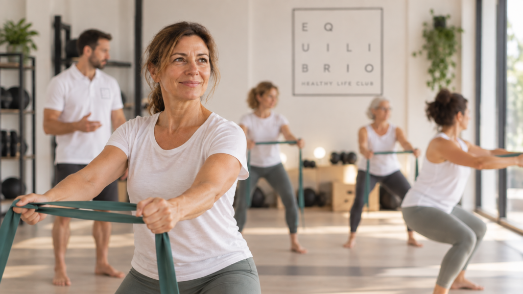 Mujer entrenando fuerza con bandas elásticas en un grupo reducido de Equilibrio Club Alicante