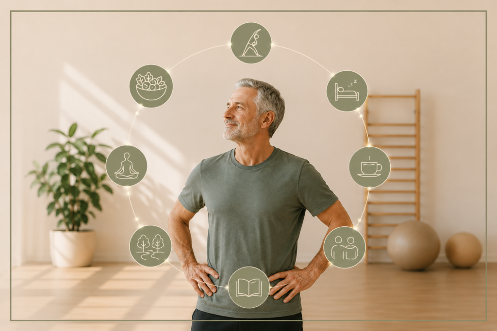 Hombre mayor en un estudio de entrenamiento respetuoso rodeado de iconos que representan movimiento, descanso, alimentación, aprendizaje, naturaleza y relaciones humanas.