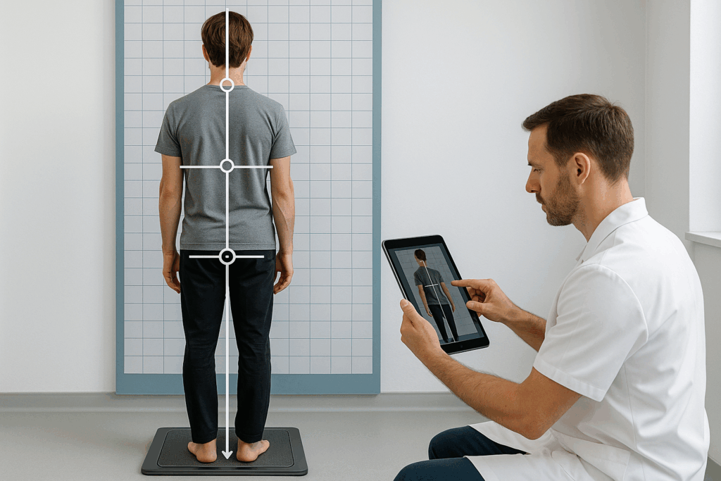 Análisis postural clínico con cuadrícula y evaluación de la pisada en plataforma, realizado en Equilibrio Club Alicante.