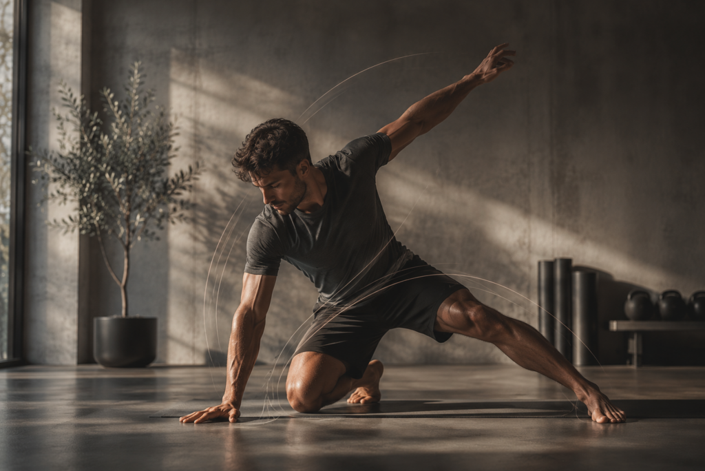 Hombre realizando un ejercicio de movimiento respetuoso en un espacio de entrenamiento cinematográfico con líneas de acción sutiles y ambiente Equilibrio Club.