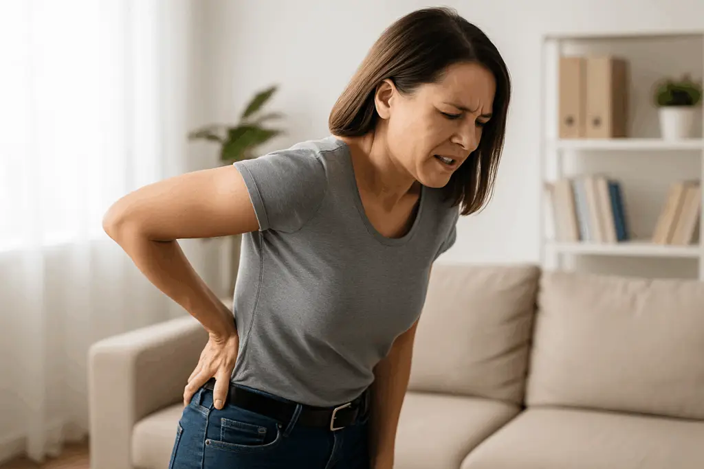 Mujer con dolor lumbar sujetándose la zona baja de la espalda en una postura natural.