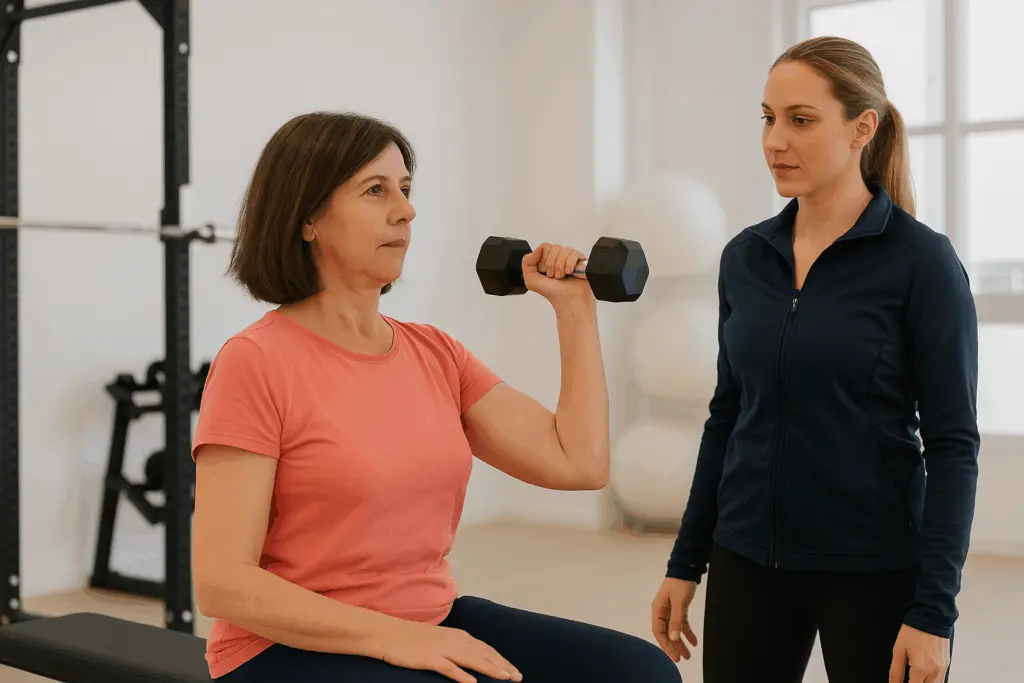 Entrenadora personal guiando a una mujer durante un ejercicio de fuerza con mancuernas en Equilibrio Club, Alicante.