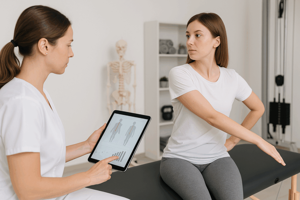 Entrenadora evaluando la postura de una clienta sentada mediante una rotación del tronco durante la valoración inicial en Equilibrio Club Alicante