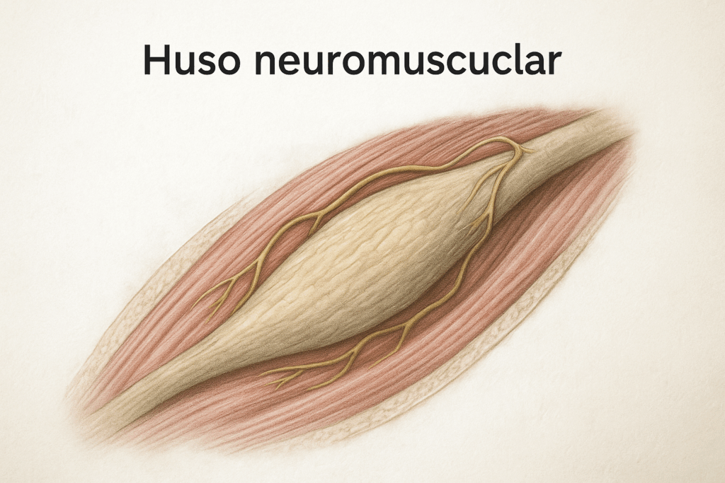 Huso neuromuscular representado en ilustración médica realista dentro de un músculo humano