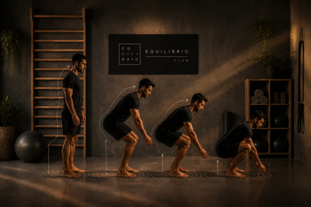 Progresión de sentadilla respetuosa en estudio de entrenamiento con líneas de acción y enfoque de movimiento fluido