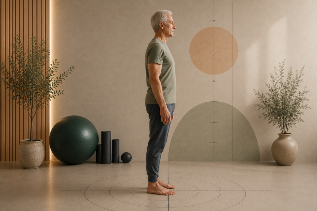 Hombre mayor de perfil sobre un tapiz de orientación postural en un estudio de entrenamiento respetuoso, observando su alineación corporal y su relación con la gravedad.