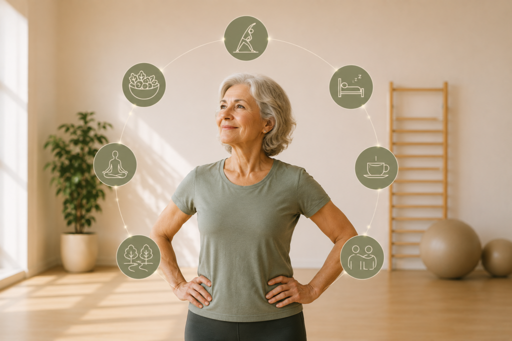 Mujer mayor en un estudio de entrenamiento rodeada de elementos que representan movimiento, descanso, alimentación, naturaleza, bienestar emocional y relaciones humanas.