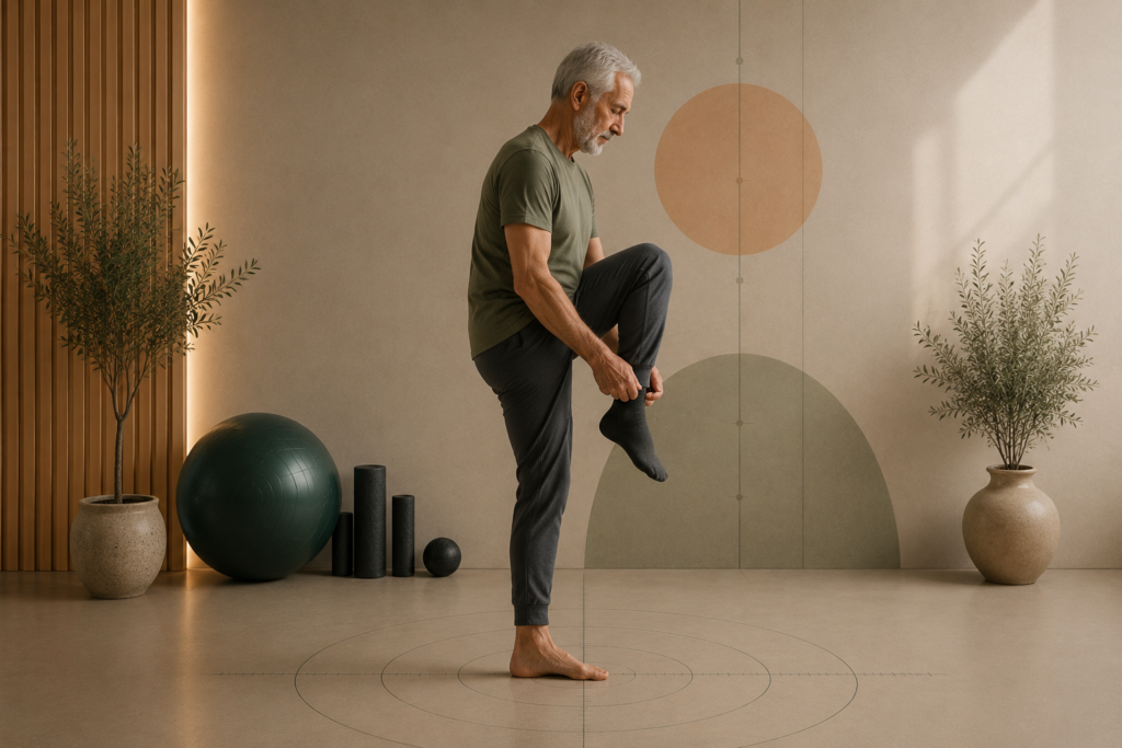 Hombre mayor manteniendo el equilibrio sobre una pierna mientras se pone un calcetín en un estudio de entrenamiento respetuoso, simbolizando la confianza corporal y la estabilidad en el día a día.