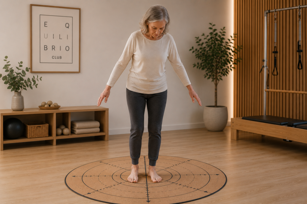 Mujer mayor descalza realizando un ejercicio de equilibrio sobre un tapiz de orientación para mejorar la estabilidad y reducir el balanceo al estar de pie.